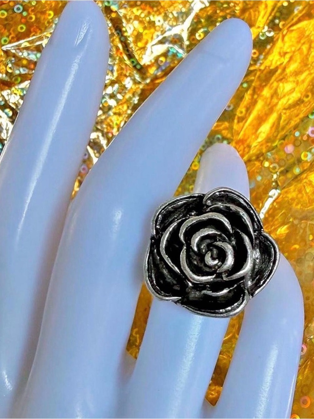 Vintage Style Oxidized Silver Rose Statement Ring